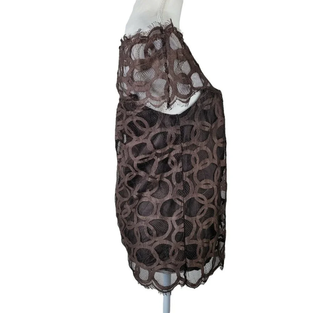 Robert Rodriguez Sz 2 Off The Shoulder Top Lace Over Silk Brown Circle Design - Picture 3 of 11